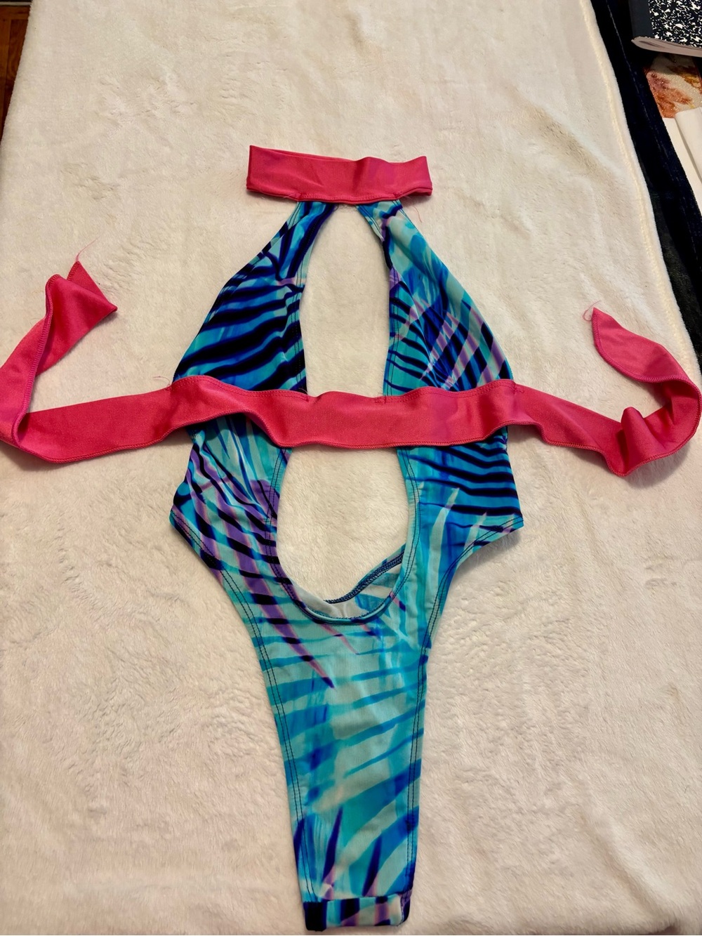 Pink-Accent Blue Tropical One-Piece Bikini